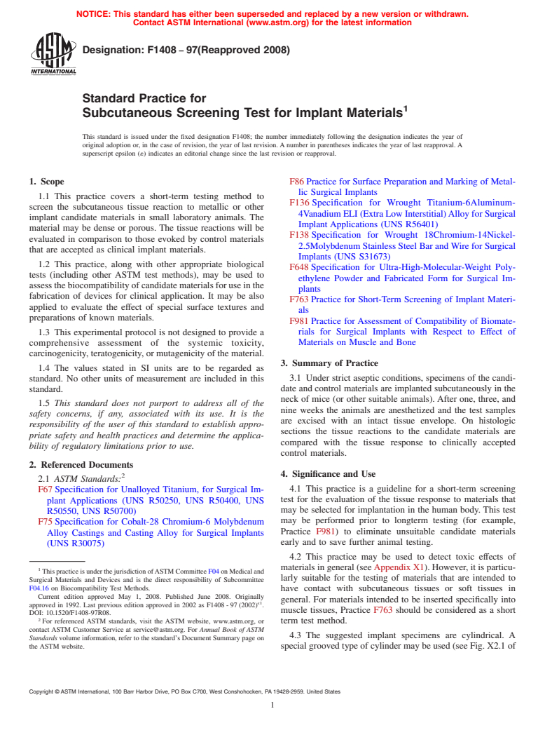 ASTM F1408-97(2008) - Standard Practice for Subcutaneous Screening Test for Implant Materials