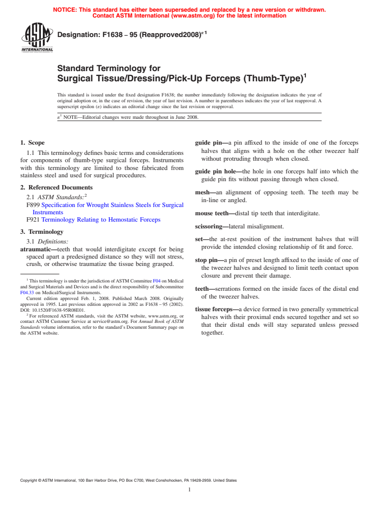 ASTM F1638-95(2008)e1 - Standard Terminology for  Surgical Tissue/Dressing/Pick-Up Forceps (Thumb-Type)