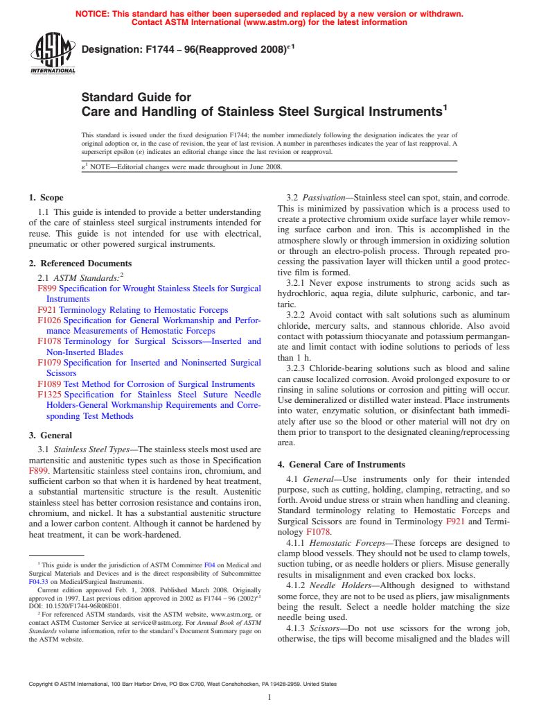 ASTM F1744-96(2008)e1 - Standard Guide for  Care and Handling of Stainless Steel Surgical Instruments