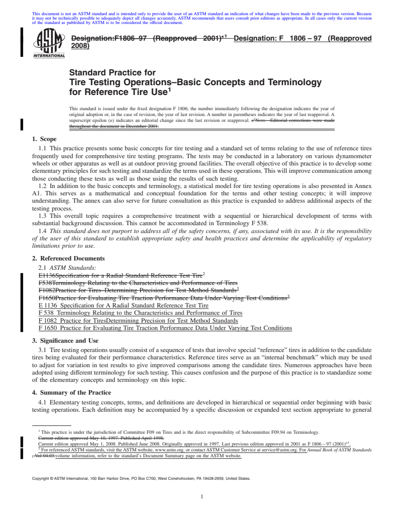 REDLINE ASTM F1806-97(2008) - Standard Practice for Tire Testing Operations-Basic Concepts and Terminology for Reference Tire Use