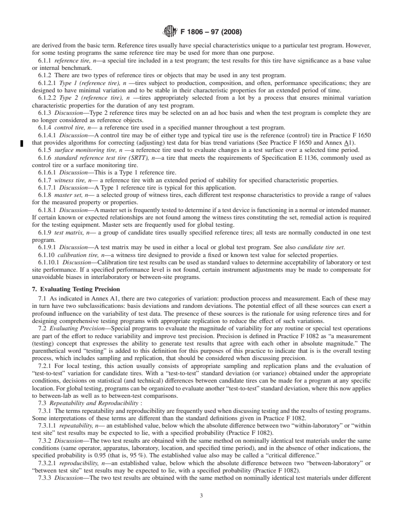 REDLINE ASTM F1806-97(2008) - Standard Practice for Tire Testing Operations-Basic Concepts and Terminology for Reference Tire Use