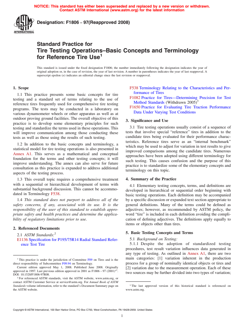 ASTM F1806-97(2008) - Standard Practice for Tire Testing Operations-Basic Concepts and Terminology for Reference Tire Use