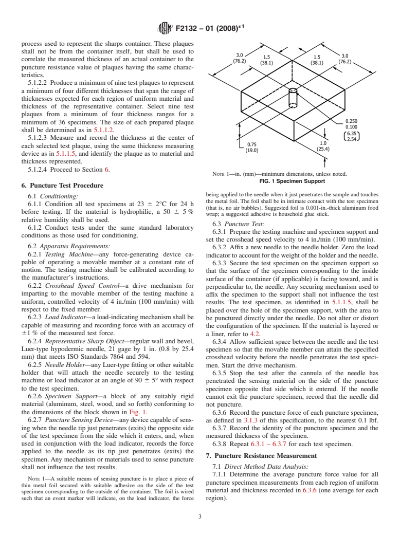 ASTM F2132-01(2008)e1 - Standard Specification for Puncture Resistance of Materials Used in Containers for Discarded Medical Needles and Other Sharps (Withdrawn 2017)