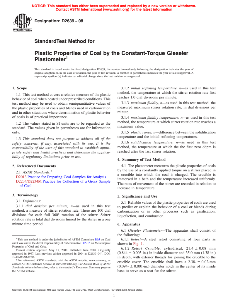 ASTM D2639-08 - Standard Test Method for Plastic Properties of Coal by the Constant-Torque Gieseler Plastometer