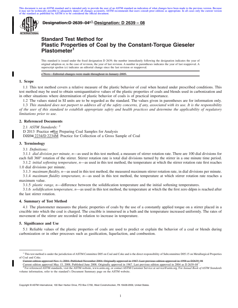 REDLINE ASTM D2639-08 - Standard Test Method for Plastic Properties of Coal by the Constant-Torque Gieseler Plastometer