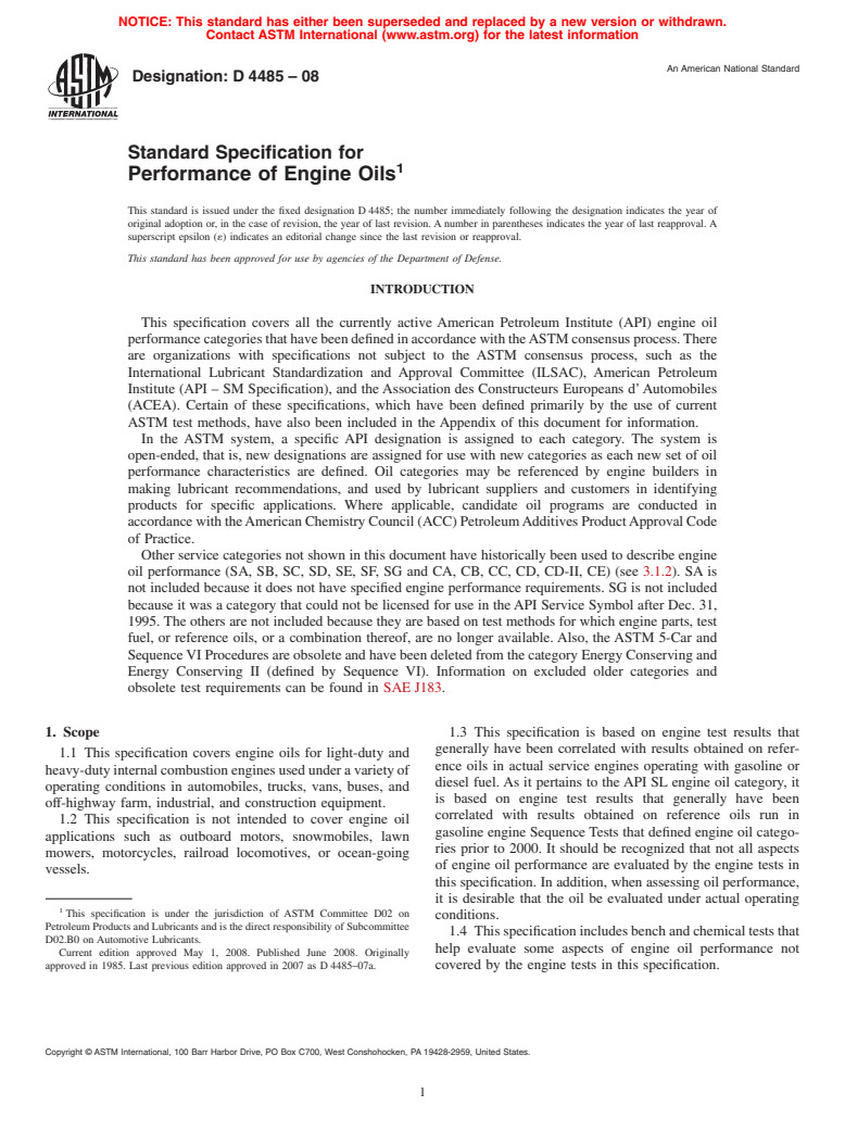 ASTM D4485-08 - Standard Specification for Performance of Engine Oils