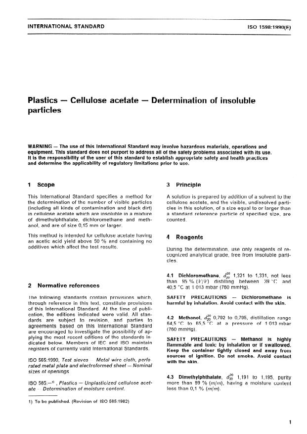 ISO 1598:1990 - Plastics - Cellulose acetate -- Determination of insoluble particles