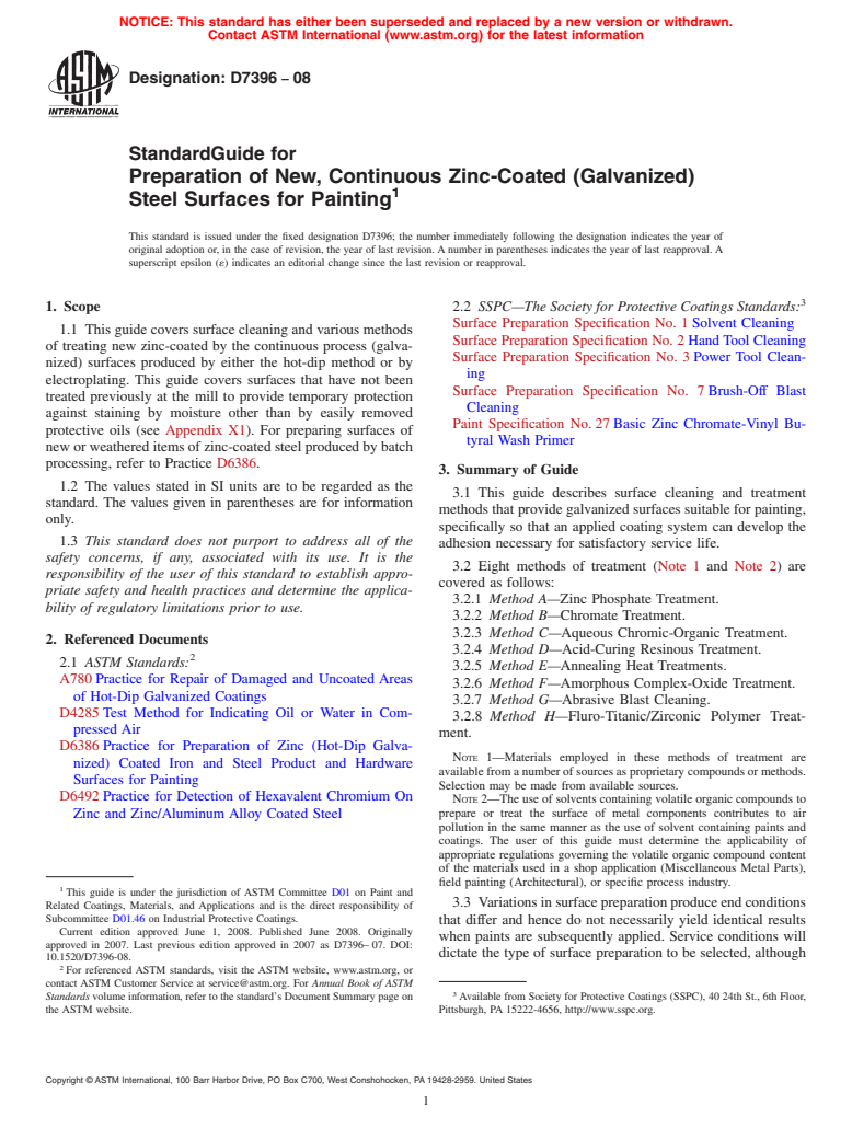 ASTM D7396-08 - Standard Guide for  Preparation of New, Continuous Zinc-Coated (Galvanized) Steel Surfaces for Painting