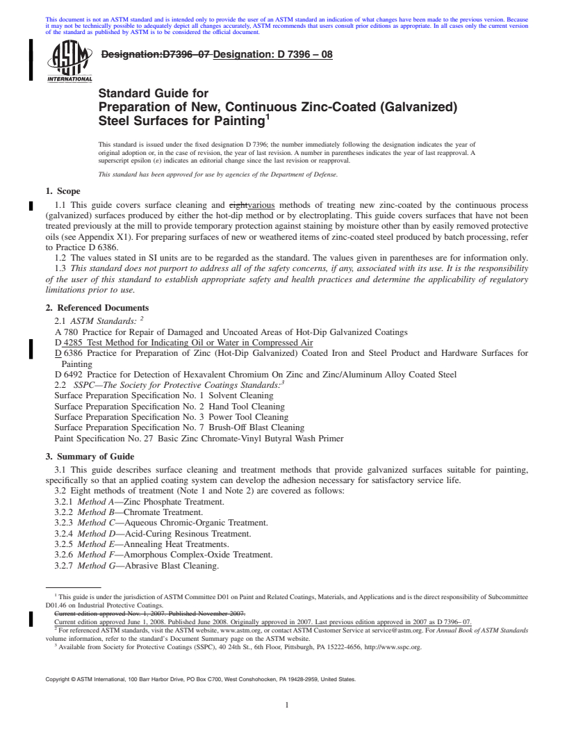 REDLINE ASTM D7396-08 - Standard Guide for  Preparation of New, Continuous Zinc-Coated (Galvanized) Steel Surfaces for Painting