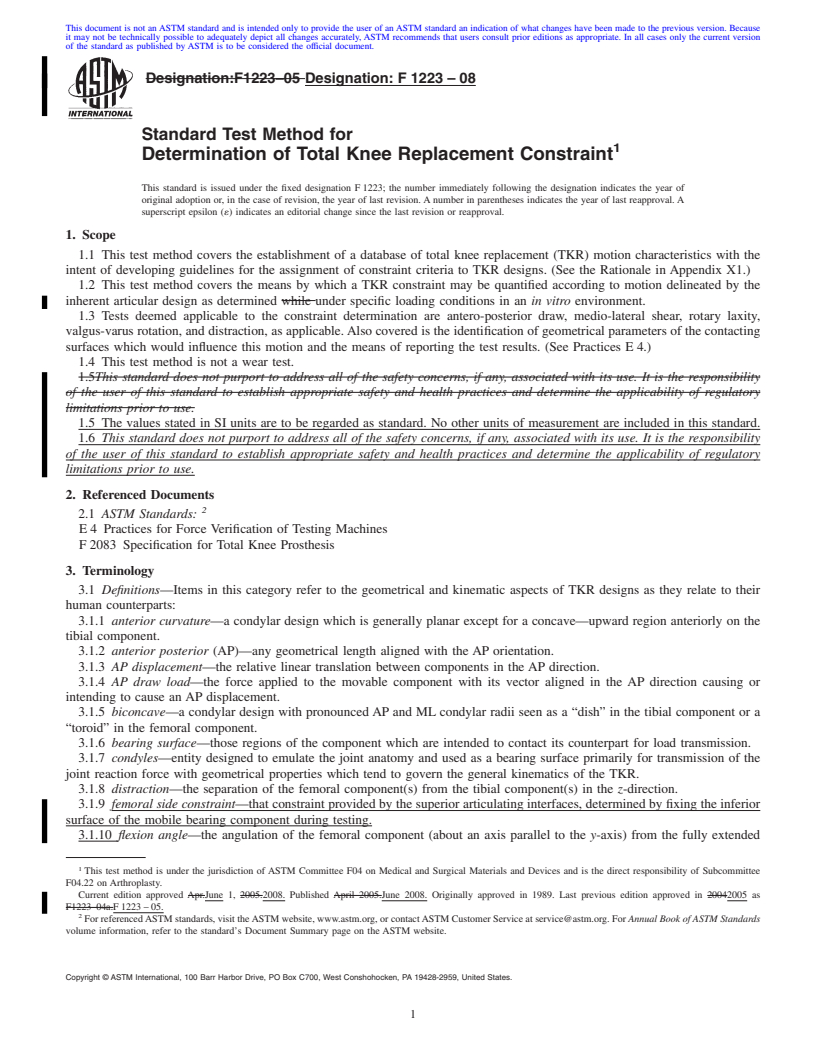 REDLINE ASTM F1223-08 - Standard Test Method for Determination of Total Knee Replacement Constraint