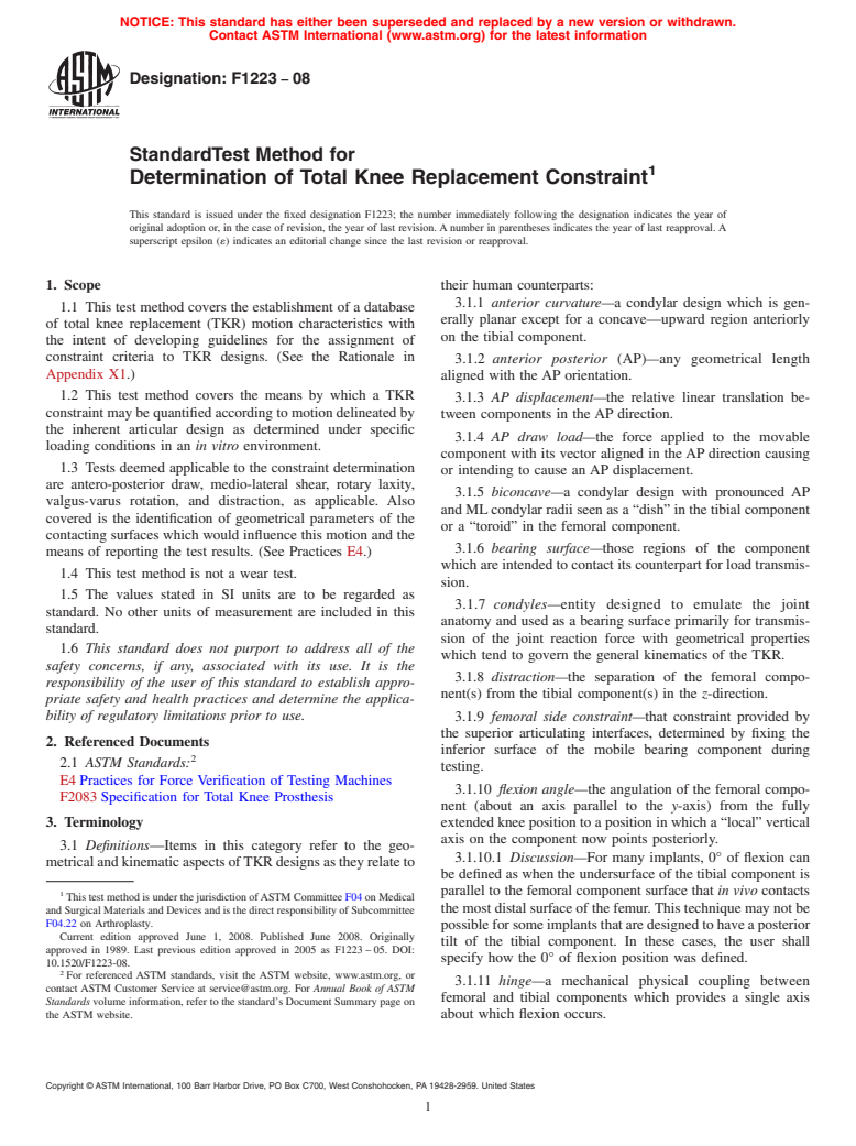 ASTM F1223-08 - Standard Test Method for Determination of Total Knee Replacement Constraint