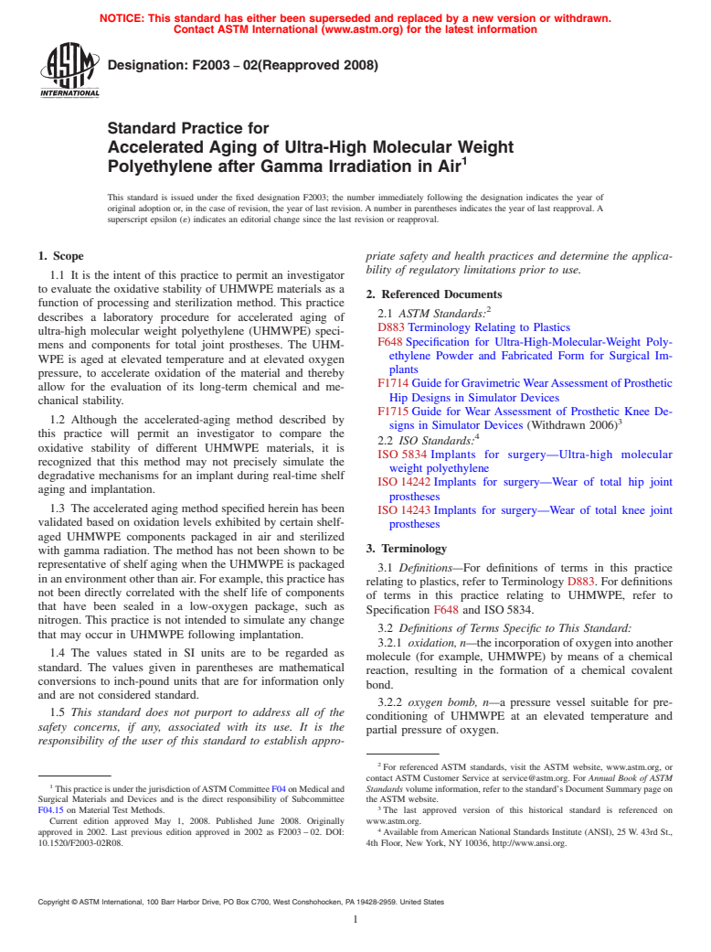 ASTM F2003-02(2008) - Standard Practice for Accelerated Aging of Ultra-High Molecular Weight Polyethylene after Gamma Irradiation in Air