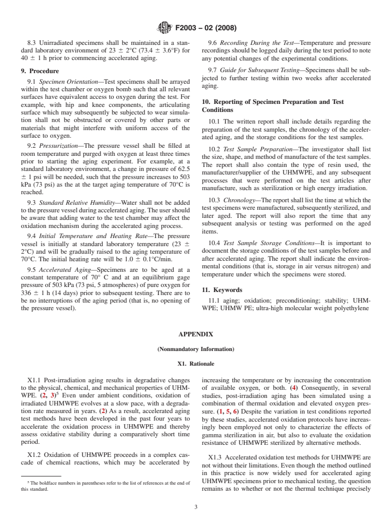 ASTM F2003-02(2008) - Standard Practice for Accelerated Aging of Ultra-High Molecular Weight Polyethylene after Gamma Irradiation in Air