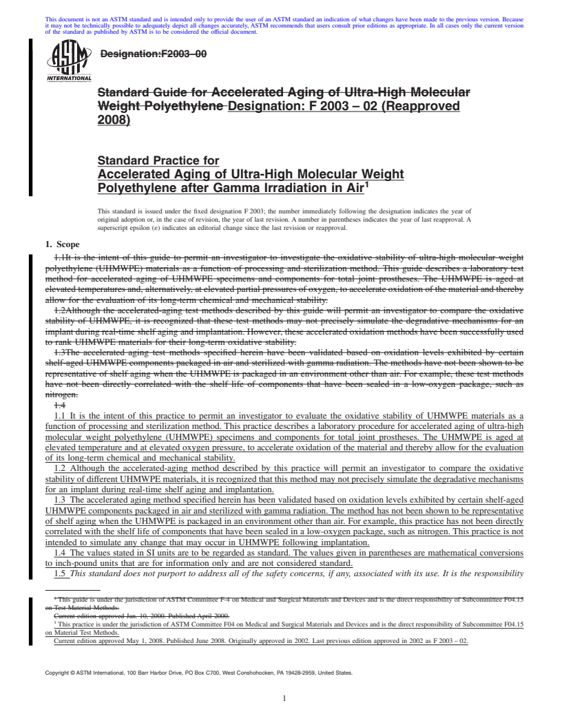 REDLINE ASTM F2003-02(2008) - Standard Practice for Accelerated Aging of Ultra-High Molecular Weight Polyethylene after Gamma Irradiation in Air