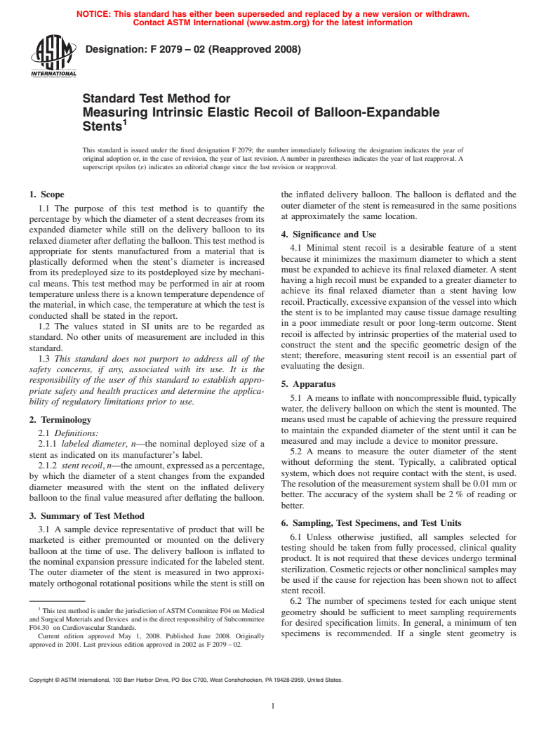 ASTM F2079-02(2008) - Standard Test Method for Measuring Intrinsic Elastic Recoil of Balloon-Expandable Stents