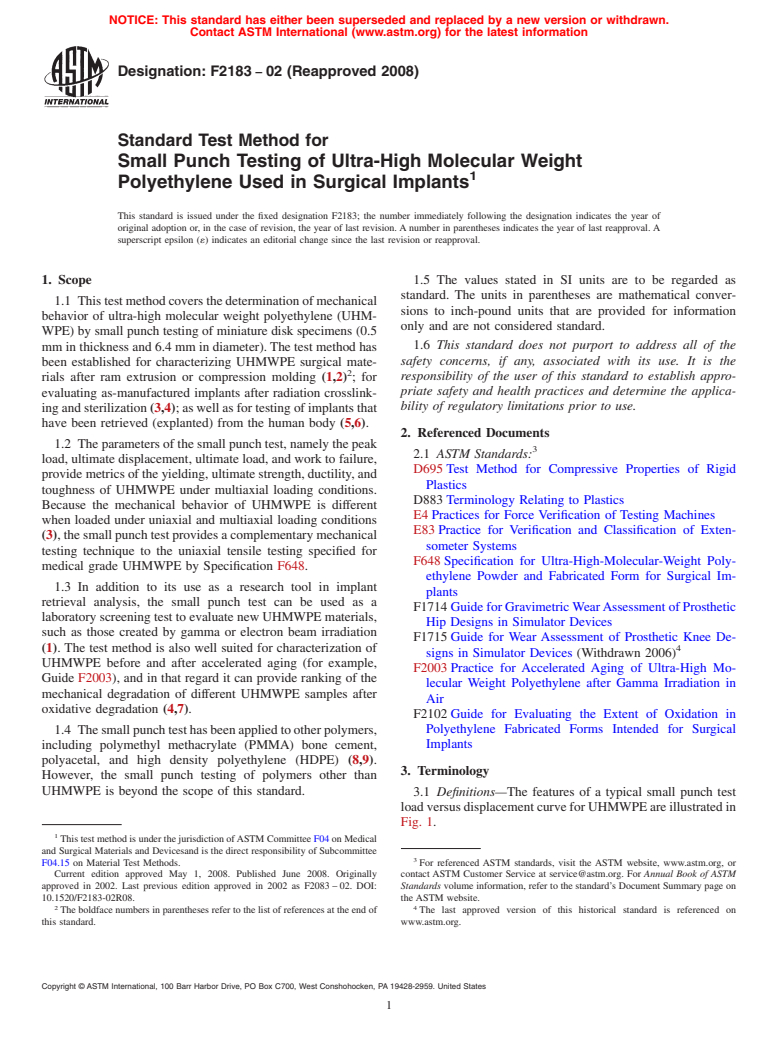 ASTM F2183-02(2008) - Standard Test Method for Small Punch Testing of Ultra-High Molecular Weight Polyethylene Used in Surgical Implants (Withdrawn 2017)