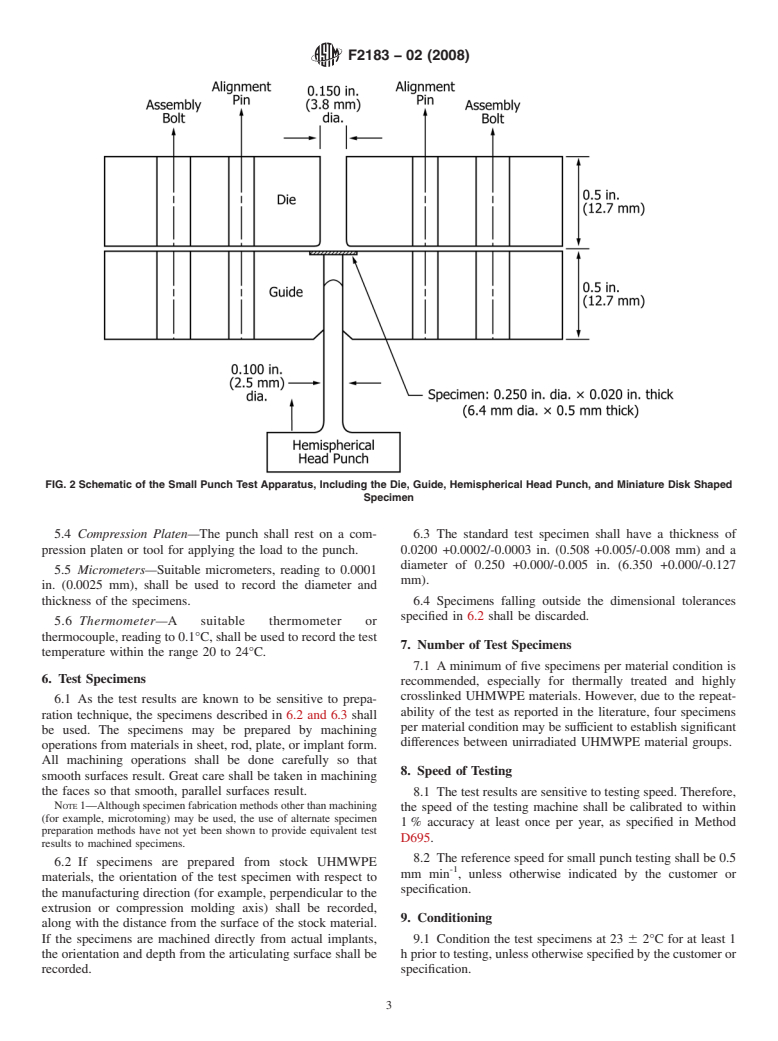 ASTM F2183-02(2008) - Standard Test Method for Small Punch Testing of Ultra-High Molecular Weight Polyethylene Used in Surgical Implants (Withdrawn 2017)