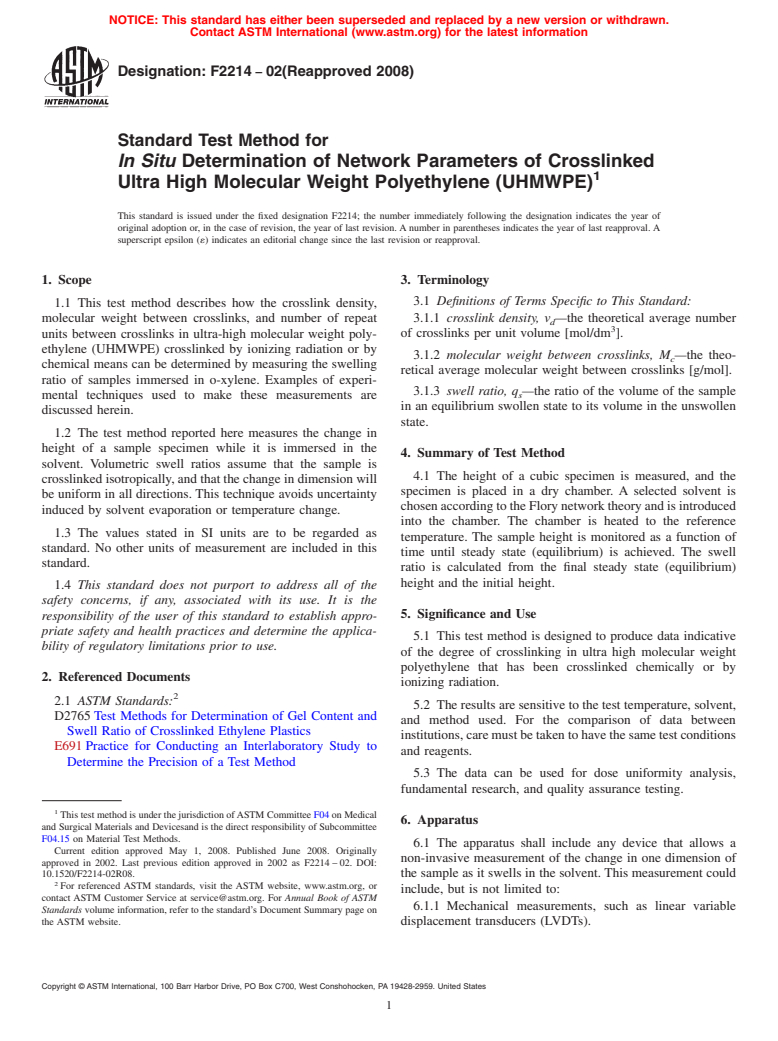 ASTM F2214-02(2008) - Standard Test Method for <span class="bdit">In Situ</span> Determination of Network Parameters of Crosslinked Ultra High Molecular Weight Polyethylene (UHMWPE)