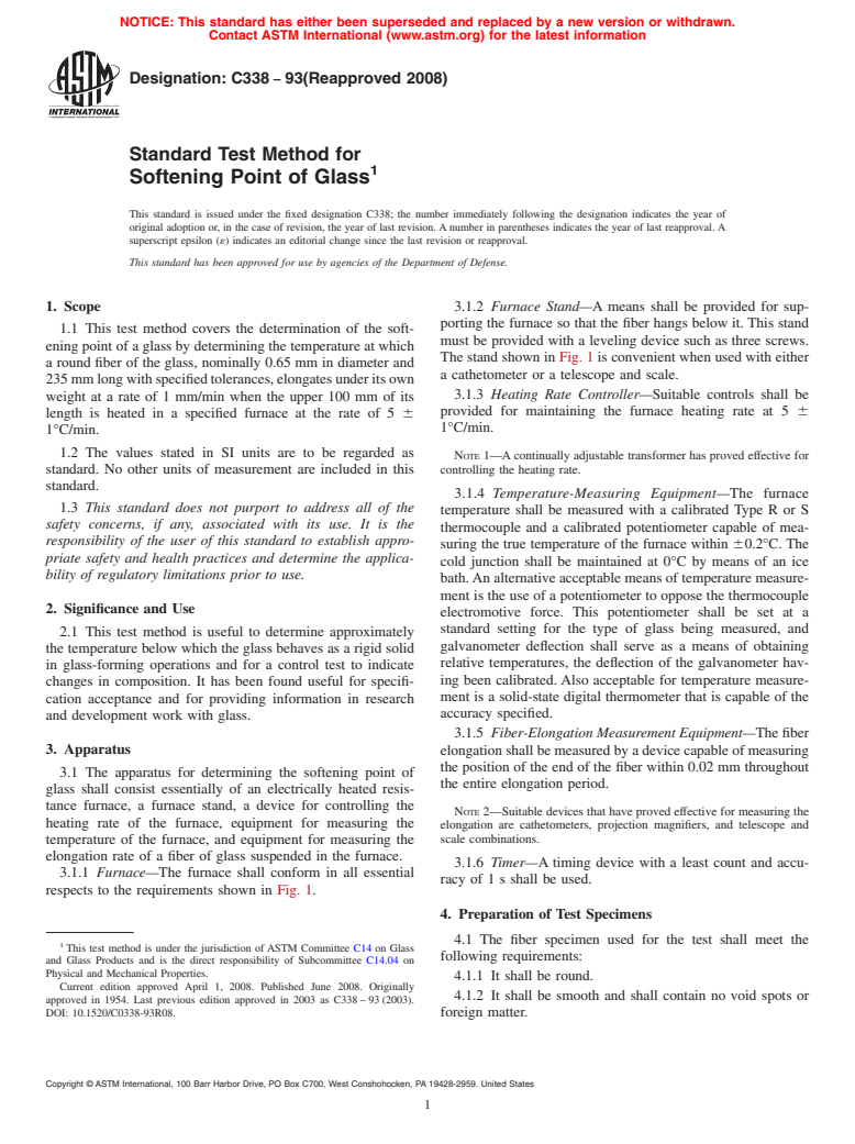 ASTM C338-93(2008) - Standard Test Method for  Softening Point of Glass