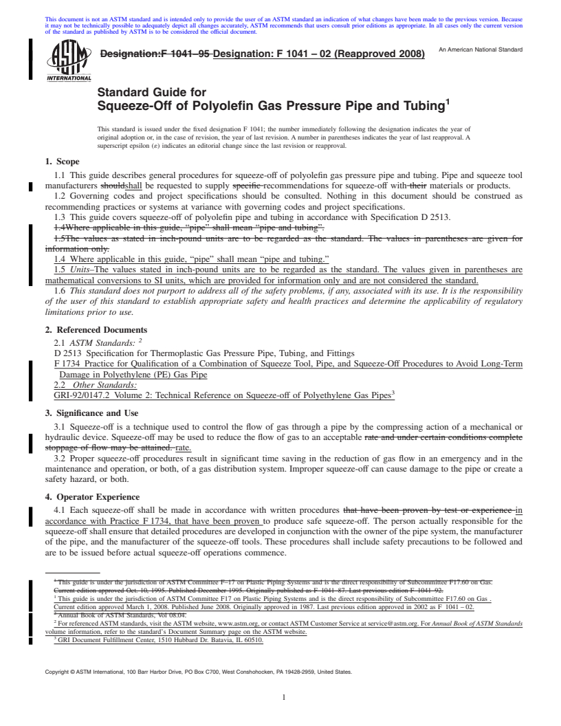 REDLINE ASTM F1041-02(2008) - Standard Guide for  Squeeze-Off of Polyolefin Gas Pressure Pipe and Tubing