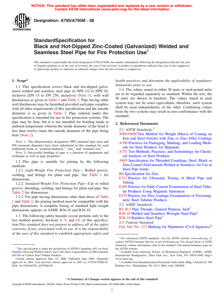 ASTM A795/A795M-08 - Standard Specification for Black and Hot-Dipped Zinc-Coated (Galvanized) Welded and Seamless Steel Pipe for Fire Protection Use