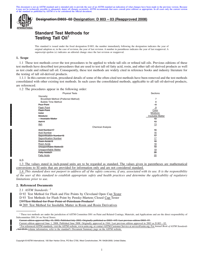 REDLINE ASTM D803-03(2008) - Standard Test Methods for  Testing Tall Oil