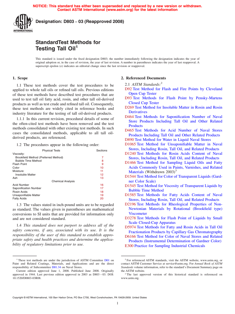 ASTM D803-03(2008) - Standard Test Methods for  Testing Tall Oil