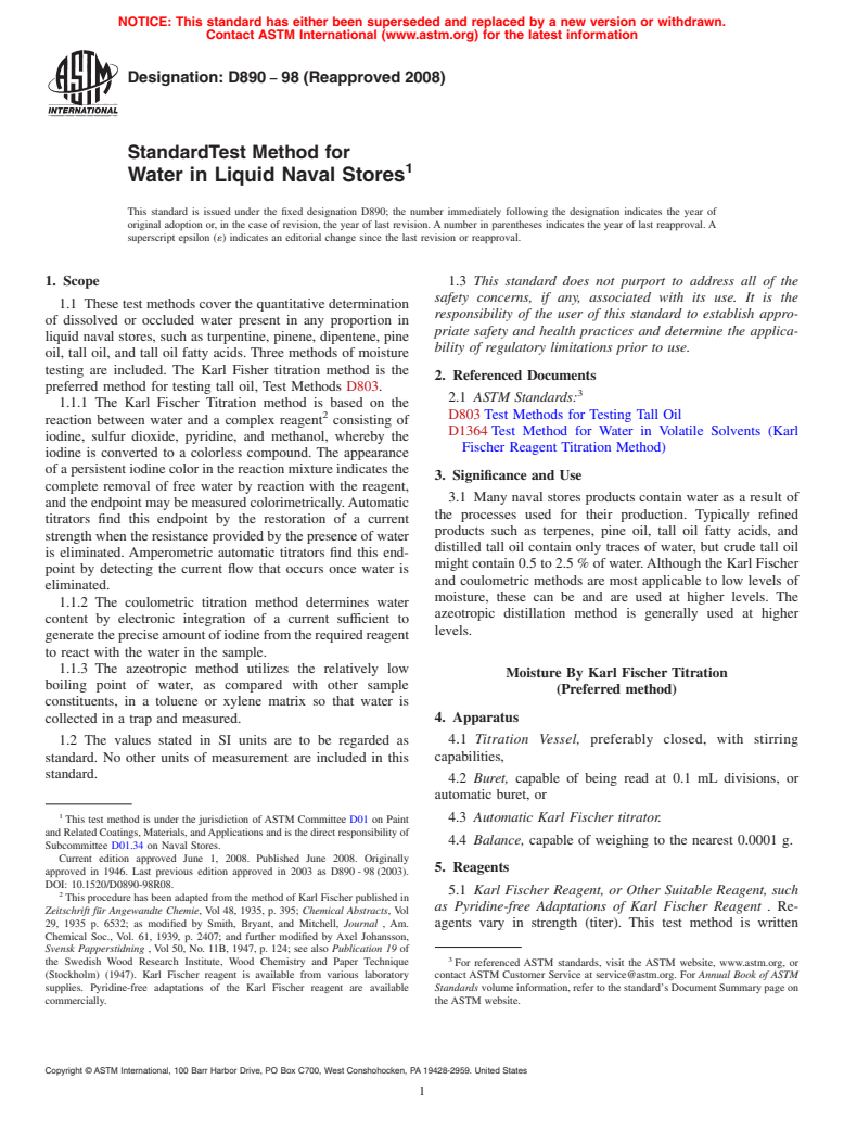 ASTM D890-98(2008) - Standard Test Method for  Water in Liquid Naval Stores