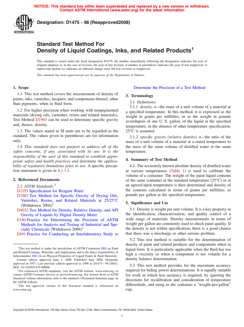 ASTM D1475-98(2008) - Standard Test Method For  Density of Liquid Coatings, Inks, and Related Products