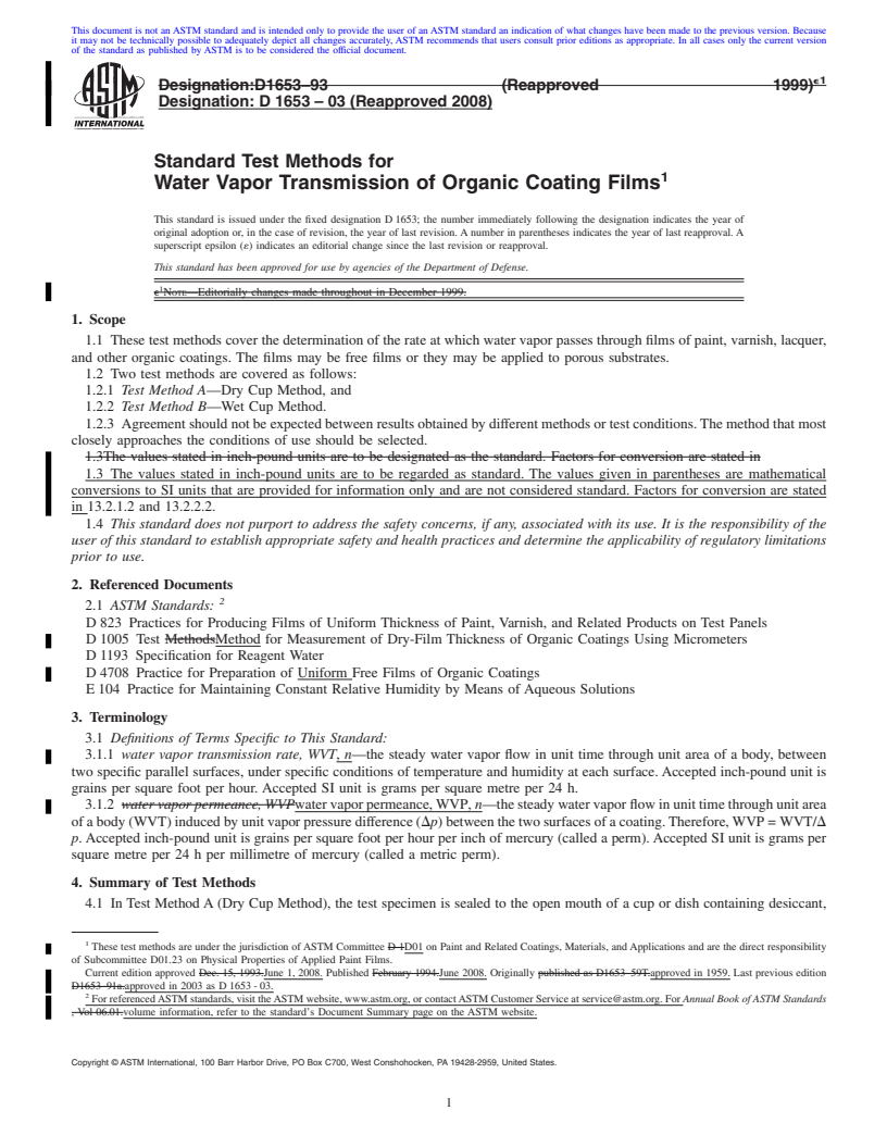 REDLINE ASTM D1653-03(2008) - Standard Test Methods for Water Vapor Transmission of Organic Coating Films