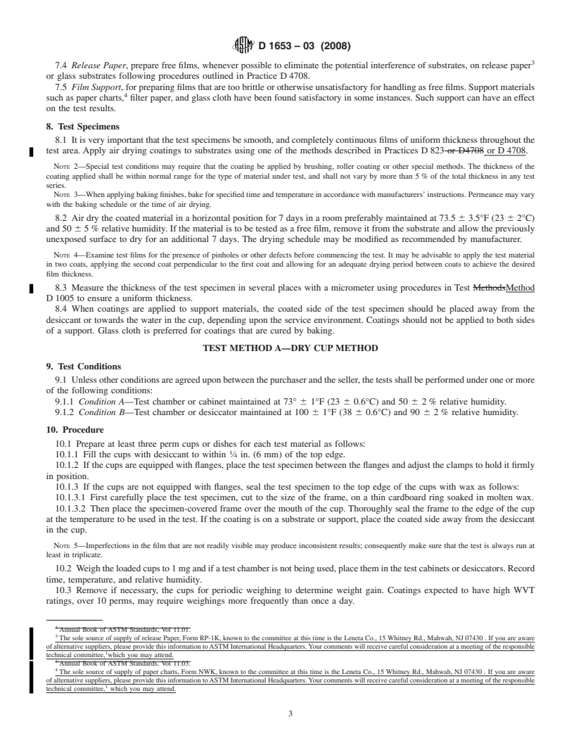 REDLINE ASTM D1653-03(2008) - Standard Test Methods for Water Vapor Transmission of Organic Coating Films