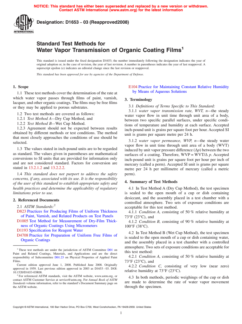 ASTM D1653-03(2008) - Standard Test Methods for Water Vapor Transmission of Organic Coating Films