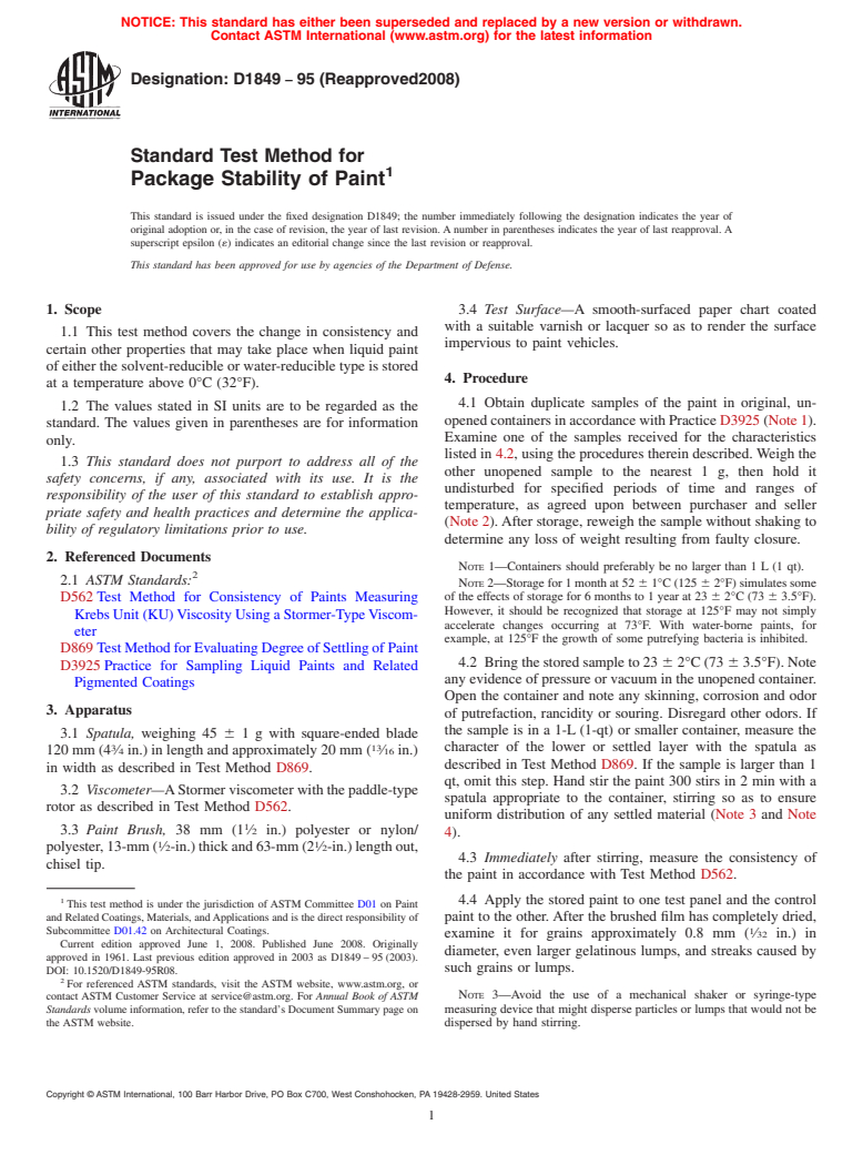 ASTM D1849-95(2008) - Standard Test Method for  Package Stability of Paint