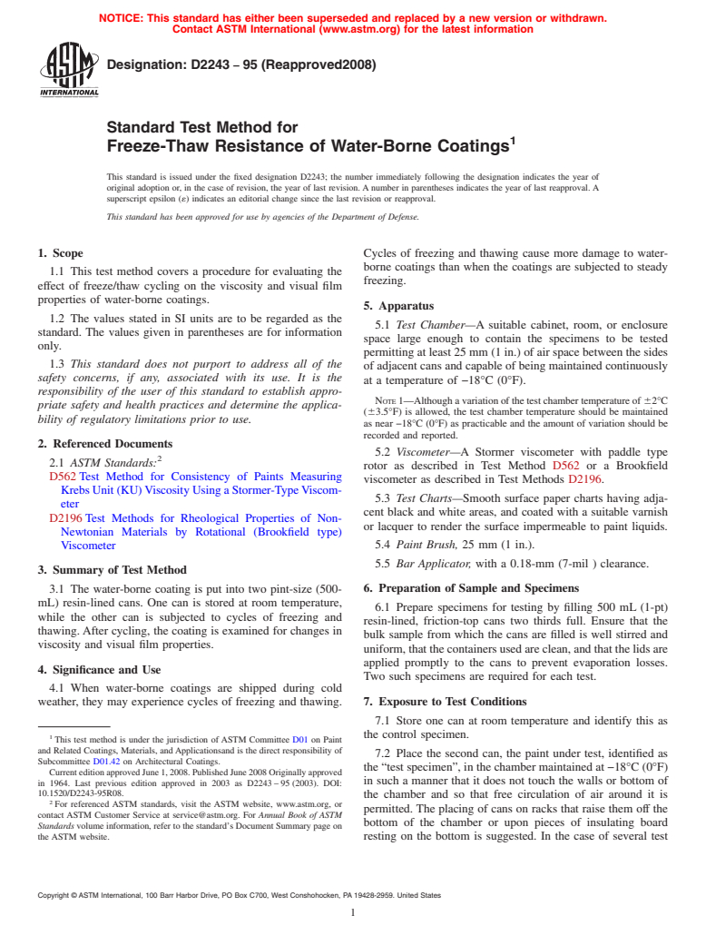 ASTM D2243-95(2008) - Standard Test Method for  Freeze-Thaw Resistance of Water-Borne Coatings