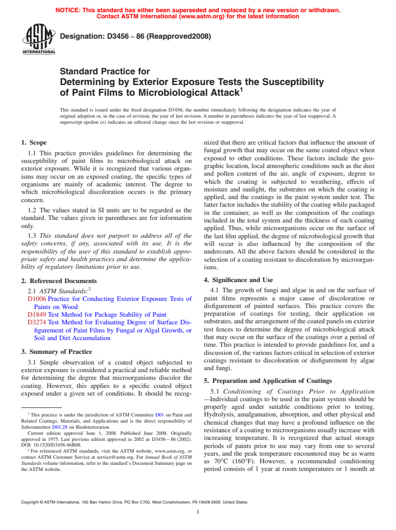 ASTM D3456-86(2008) - Standard Practice for Determining by Exterior Exposure Tests the Susceptibility of Paint  Films to Microbiological Attack