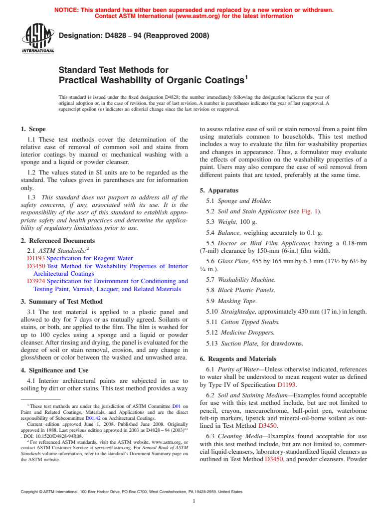 ASTM D4828-94(2008) - Standard Test Methods for Practical Washability of Organic Coatings