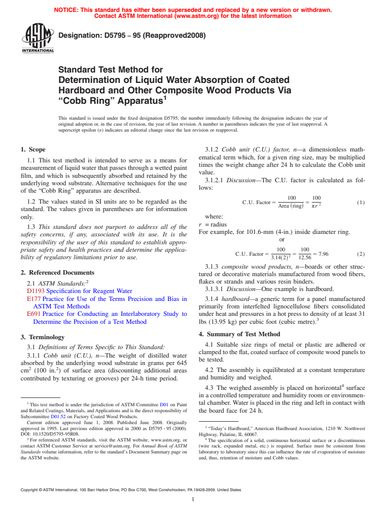 ASTM D5795-95(2008) - Standard Test Method for  Determination of Liquid Water Absorption of Coated Hardboard and Other  Composite Wood Products Via<br> <span class='unicode'>&#x201C;</span>Cobb Ring<span class='unicode'>&#x201D;</span> Apparatus