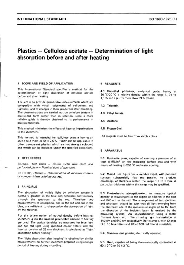 ISO 1600:1975 - Plastics -- Cellulose acetate -- Determination of light absorption before and after heating