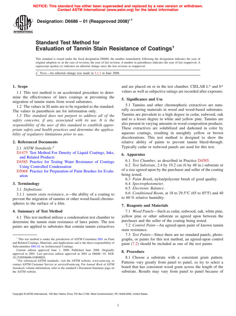 ASTM D6686-01(2008)e1 - Standard Test Method for Evaluation of Tannin Stain Resistance of Coatings