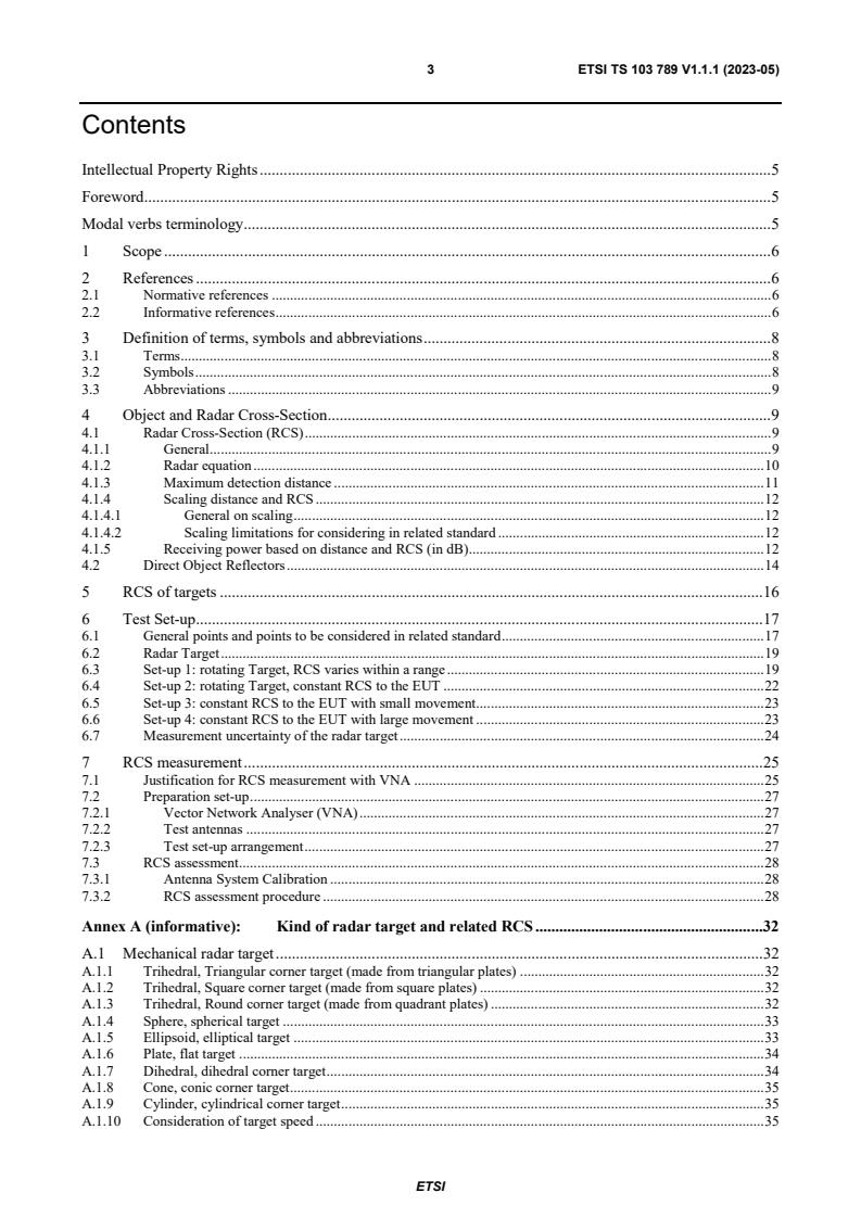 ETSI TS 103 789 V1.1.1 (2023-05) - Short Range Devices (SRD) and Ultra Wide Band (UWB); Radar related parameters and physical test setup for object detection, identification and RCS measurement