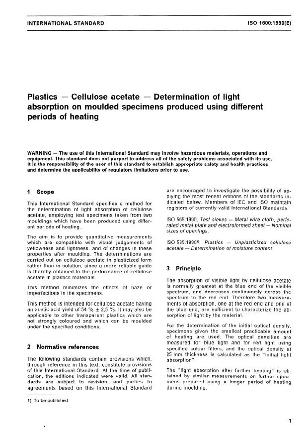 ISO 1600:1990 - Plastics -- Cellulose acetate -- Determination of light absorption on moulded specimens produced using different periods of heating