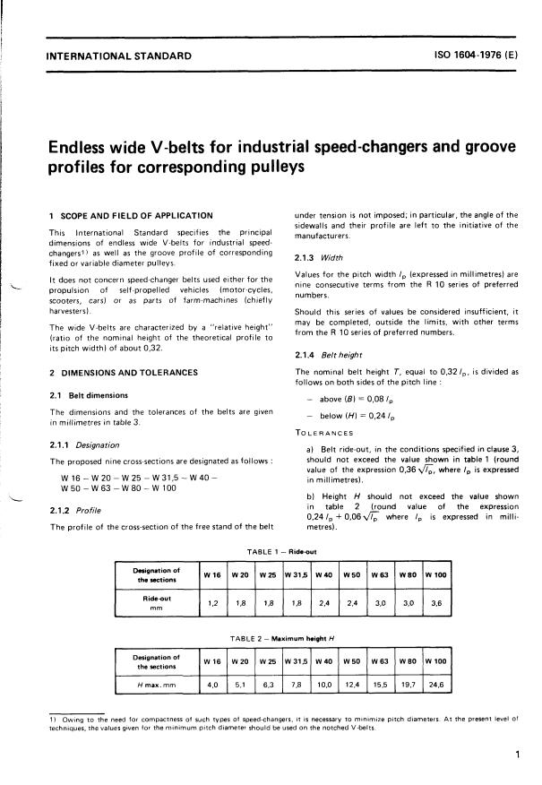 ISO 1604:1976 - Endless wide V-belts for industrial speed-changers and groove profiles for corresponding pulleys