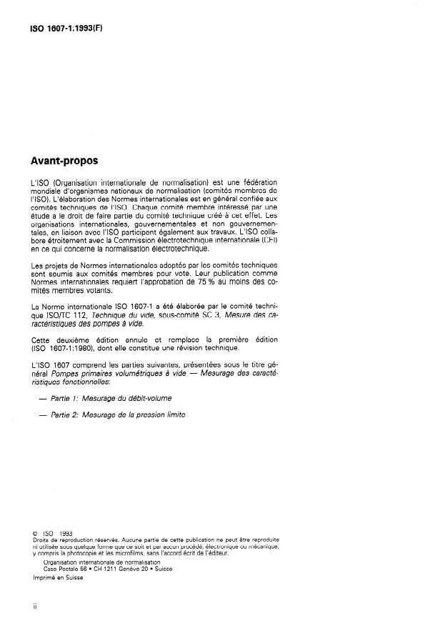 ISO 1607-1:1993 ISO 1607-1:1993 - Pompes primaires volumétriques a vide -- Mesurage des caractéristiques fonctionnelles - Page 2 preview