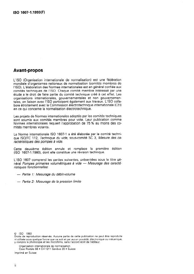 ISO 1607-1:1993 ISO 1607-1:1993 - Pompes primaires volumétriques a vide -- Mesurage des caractéristiques fonctionnelles - Page 2 preview