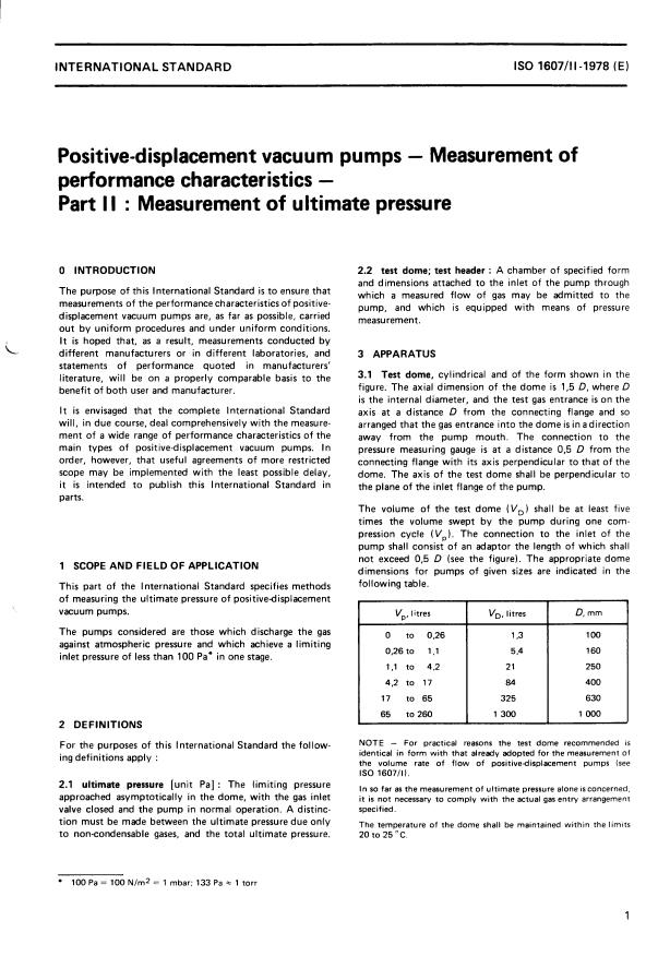 ISO 1607-2:1978 - Positive displacement vacuum pumps -- Measurement of performance characteristics
