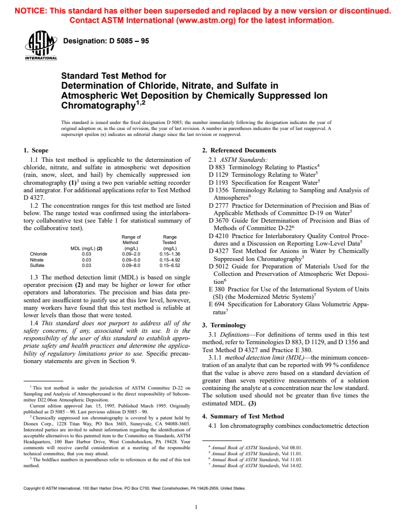 ASTM D5085-95 - Standard Test Method for Determination of Chloride, Nitrate, and Sulfate in Atmospheric Wet Deposition by Chemically Suppressed Ion Chromatography