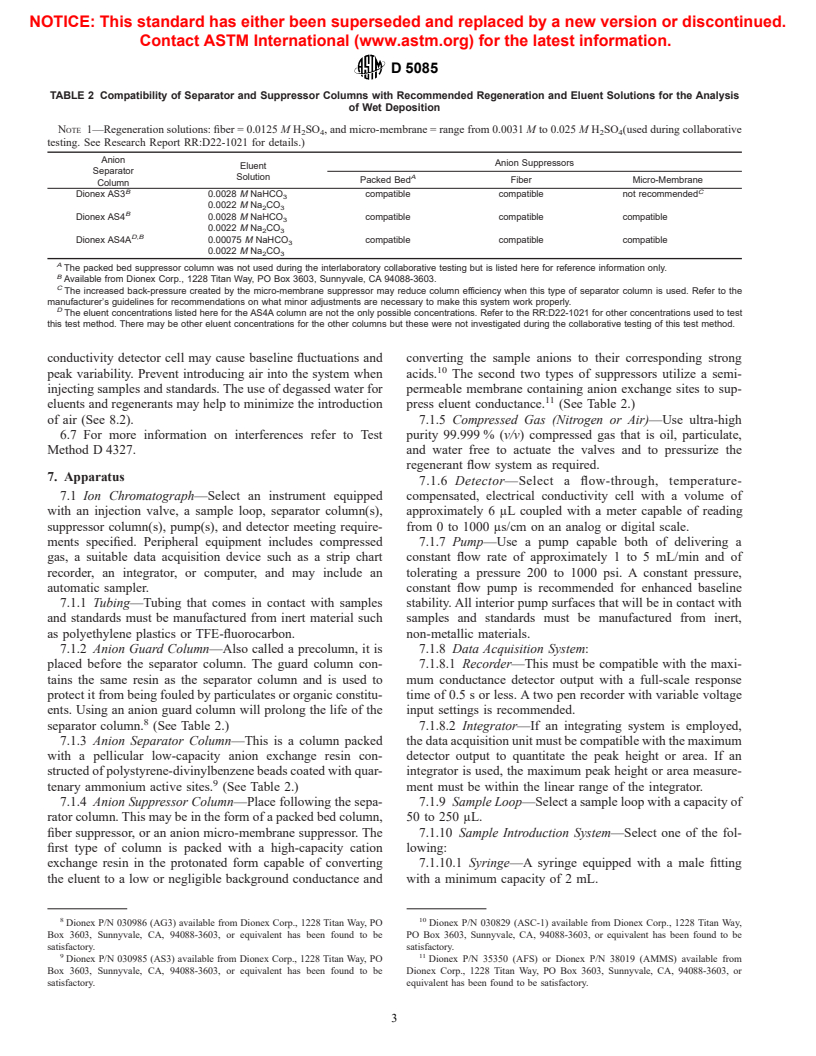 ASTM D5085-95 - Standard Test Method for Determination of Chloride, Nitrate, and Sulfate in Atmospheric Wet Deposition by Chemically Suppressed Ion Chromatography