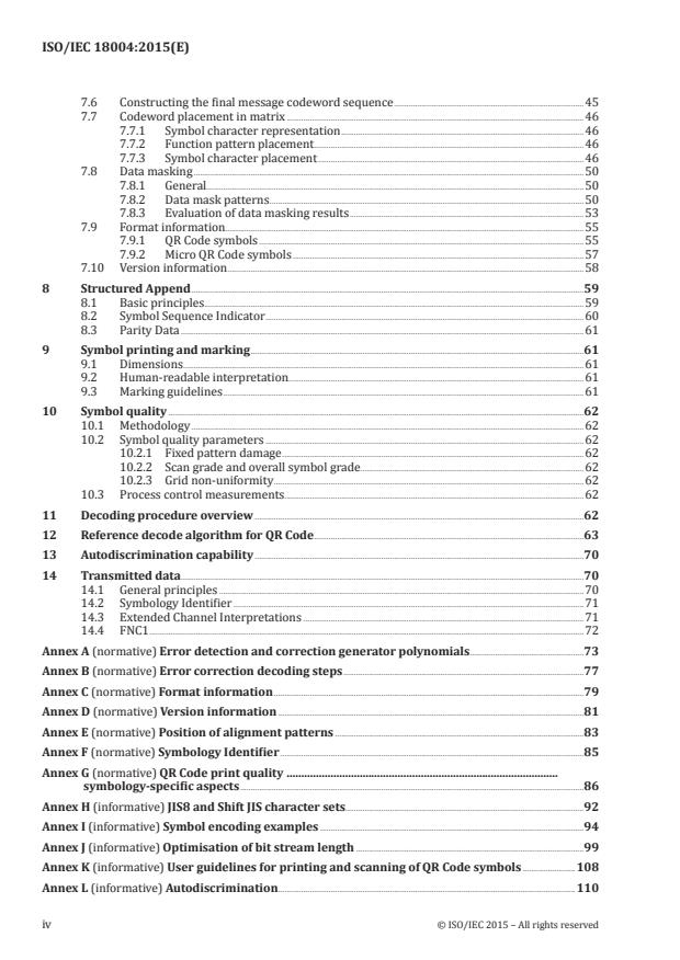 ISO/IEC 18004:2015 ISO/IEC 18004:2015 - Information technology -- Automatic identification and data capture techniques -- QR Code bar code symbology specification - Page 4 preview