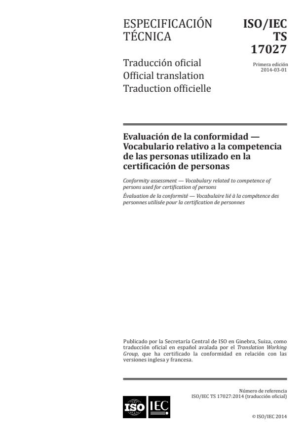 ISO/IEC TS 17027:2014 - Conformity assessment -- Vocabulary related to competence of persons used for certification of persons