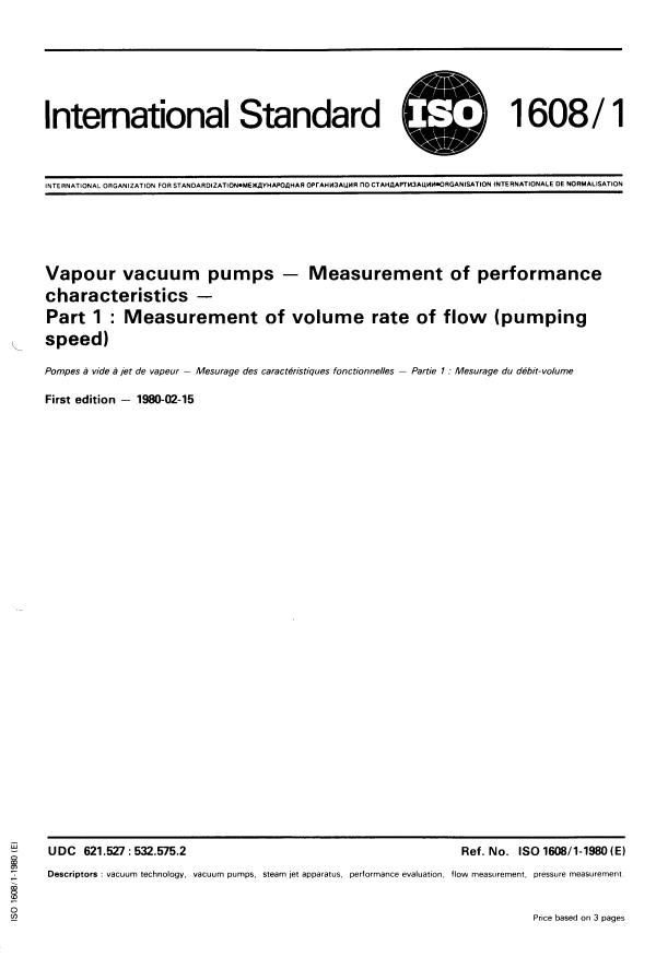 ISO 1608-1:1980 - Vapour vacuum pumps -- Measurement of performance characteristics